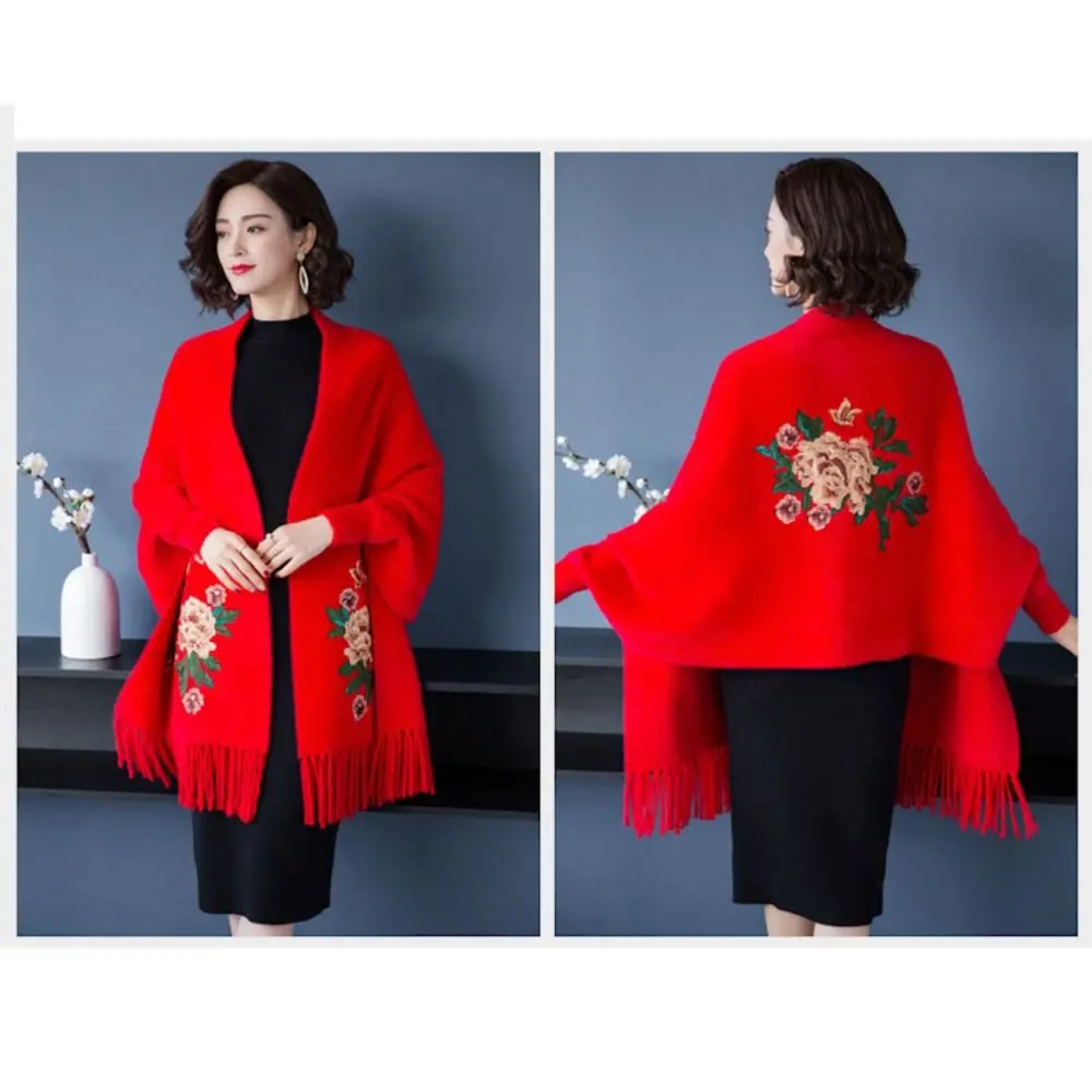 厚手の刺繍入りカシミヤスカーフ、高級でエレガントな冬用暖かいショール、ロングフリンジショール、イブニングドレス、結婚式、パーティーに
