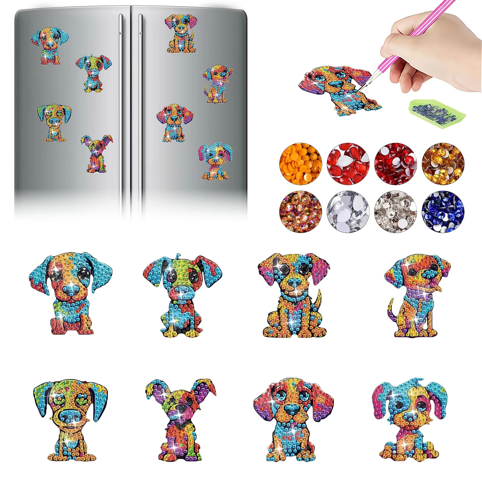 8-sets doe-het-zelf diamantkunstschildersets, dierenpatroon van acrylmateriaal met magneetdecoratie koelkastmagneten.