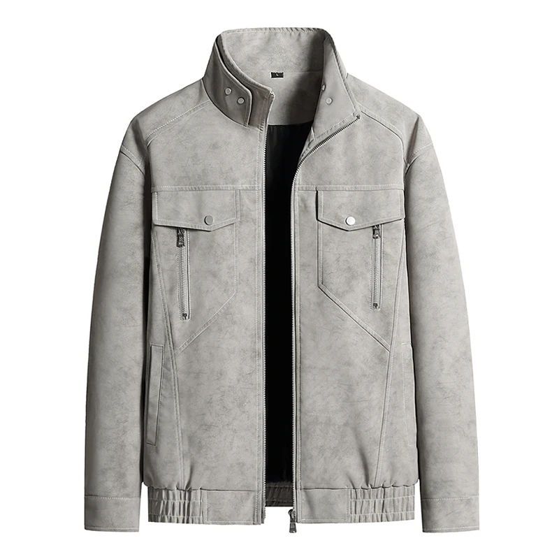 

Spring Autumn PU Leather Bomber Jacket Men Chic Printed Stand Collar Casual Outwear Male Fashion Motorcycles Zipper Pocket Coat