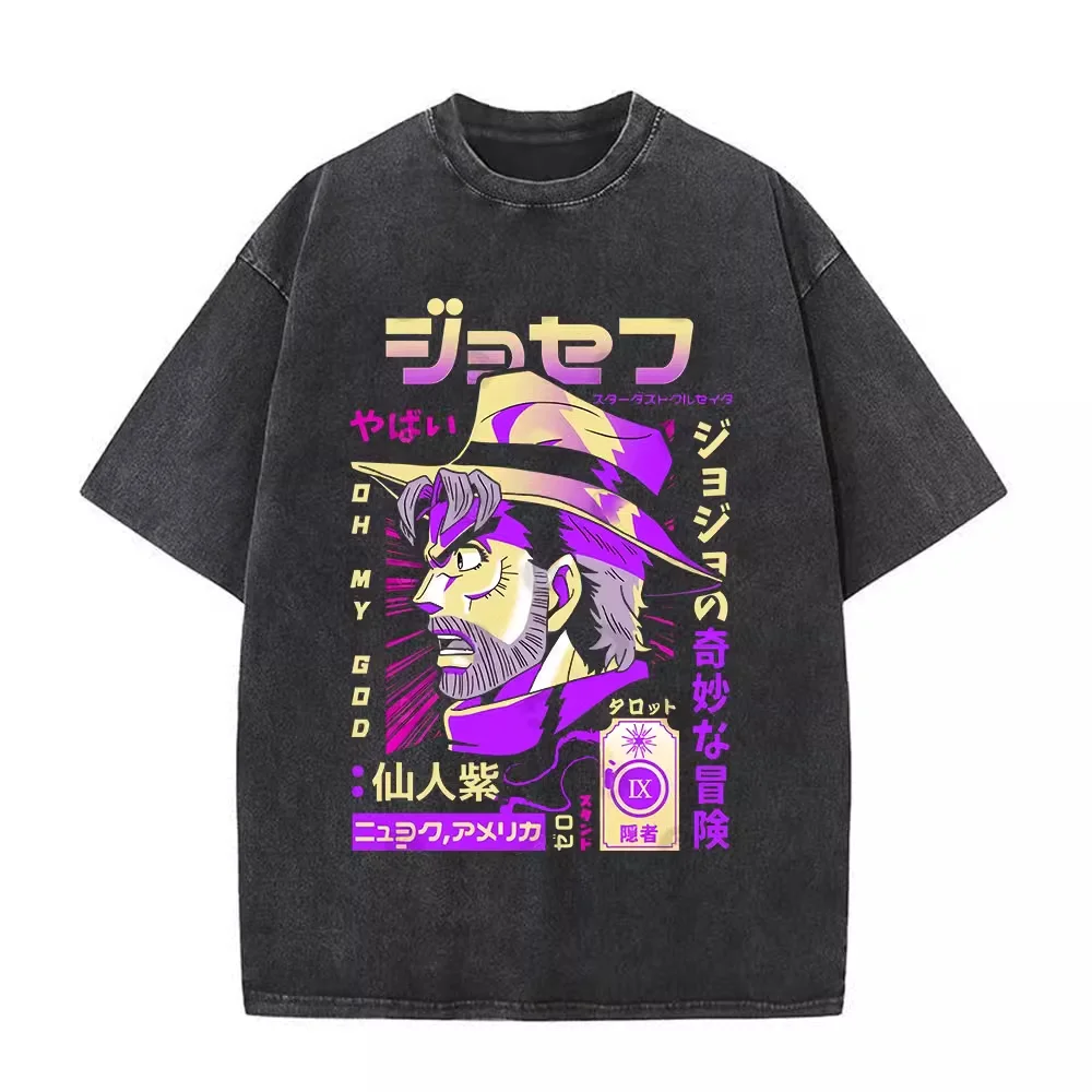 

Футболка Jojo's Bizarre Adventure 2026 Summer Vintage из выстиранного хлопка, оверсайз, в уличном стиле, Joseph Joestar Old Joseph Hermit, фиолетовая