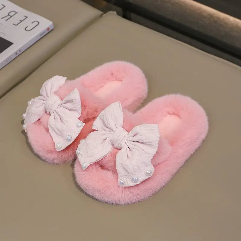 New Slippers For Home For Children Girls Princess Autumn Winter Furry Cute Flip Flops Bow Indoor Wooden Floor Warm Cotton Sandal