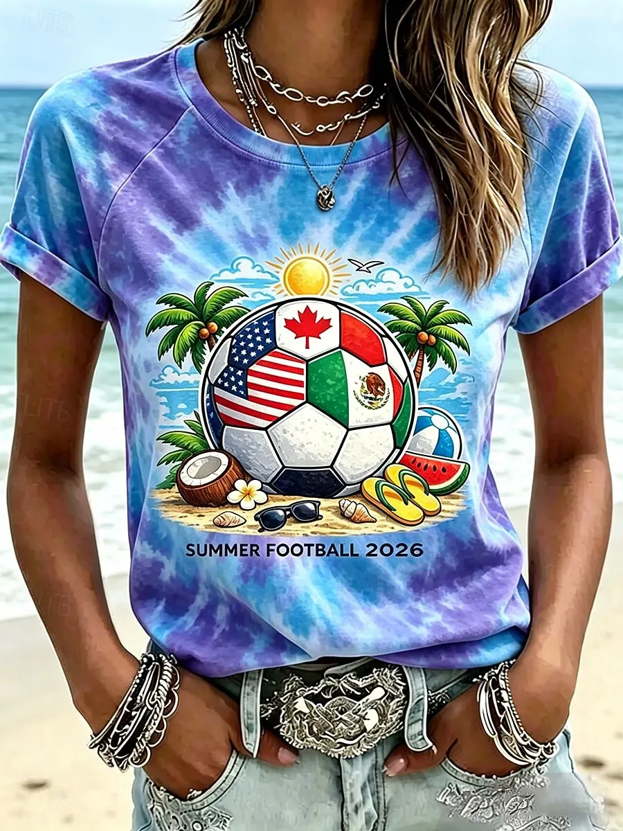 Women's Soccer Team Graphic Print T-Shirt Crew Neck Short Sleeve Stylish Classic Casual Regular Tops Daily Wear for Summer