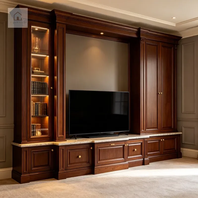 XINGRUO Custom Retro TV Cabinet Set Natural Walnut Pattern Integrated Locker Luxury Media Console for Living Room Home
