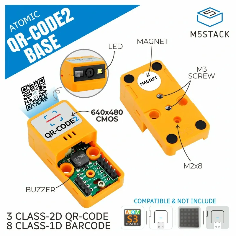 M5Stack Atomic QRCode2 Base Development Board support QR-CODE 1D/2D Barcode Base on ATOM series AtomS3 Lite