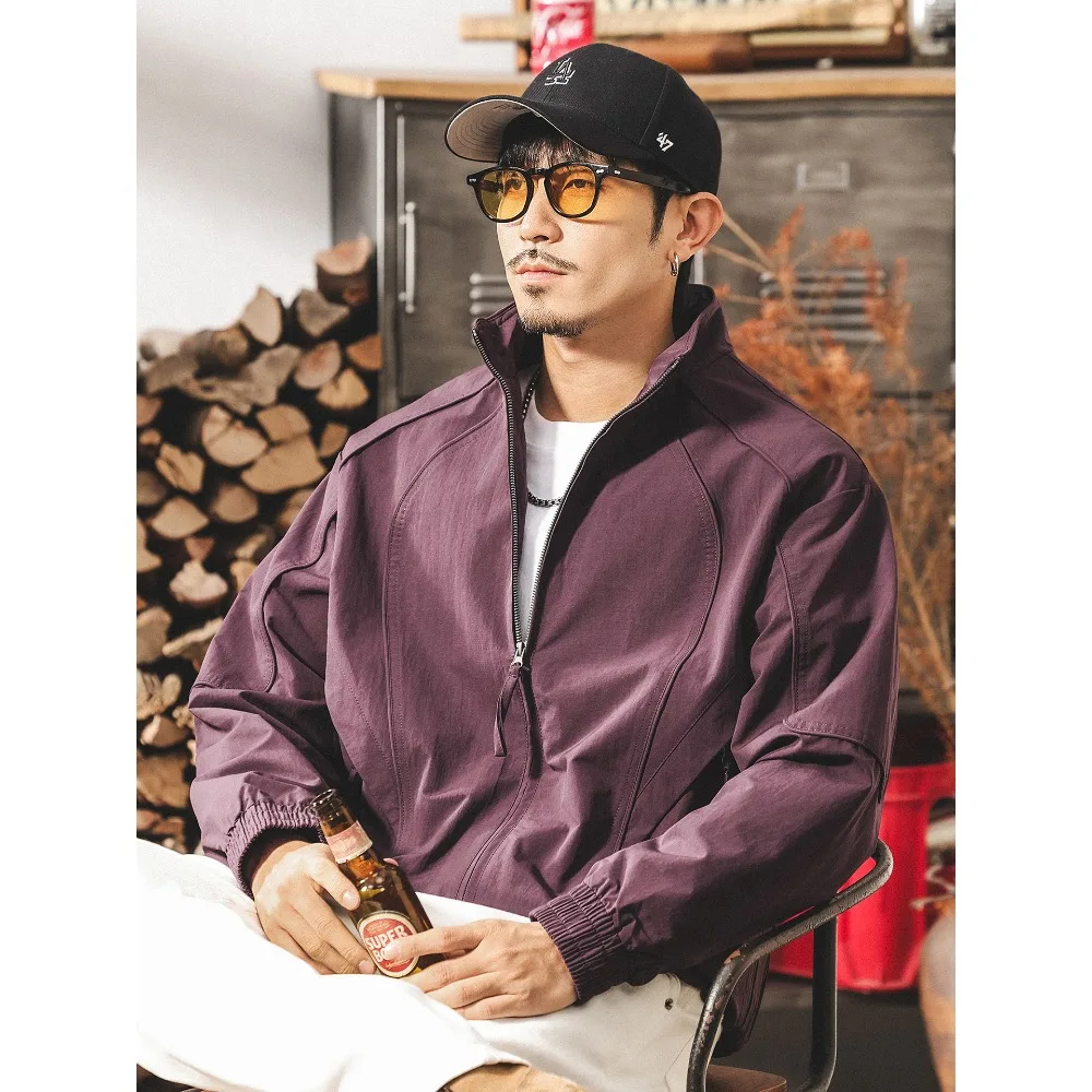 A trendy American retro purple jacket for men, a new spring and autumn commuting stand-up collar loose coach jacket for men view 4