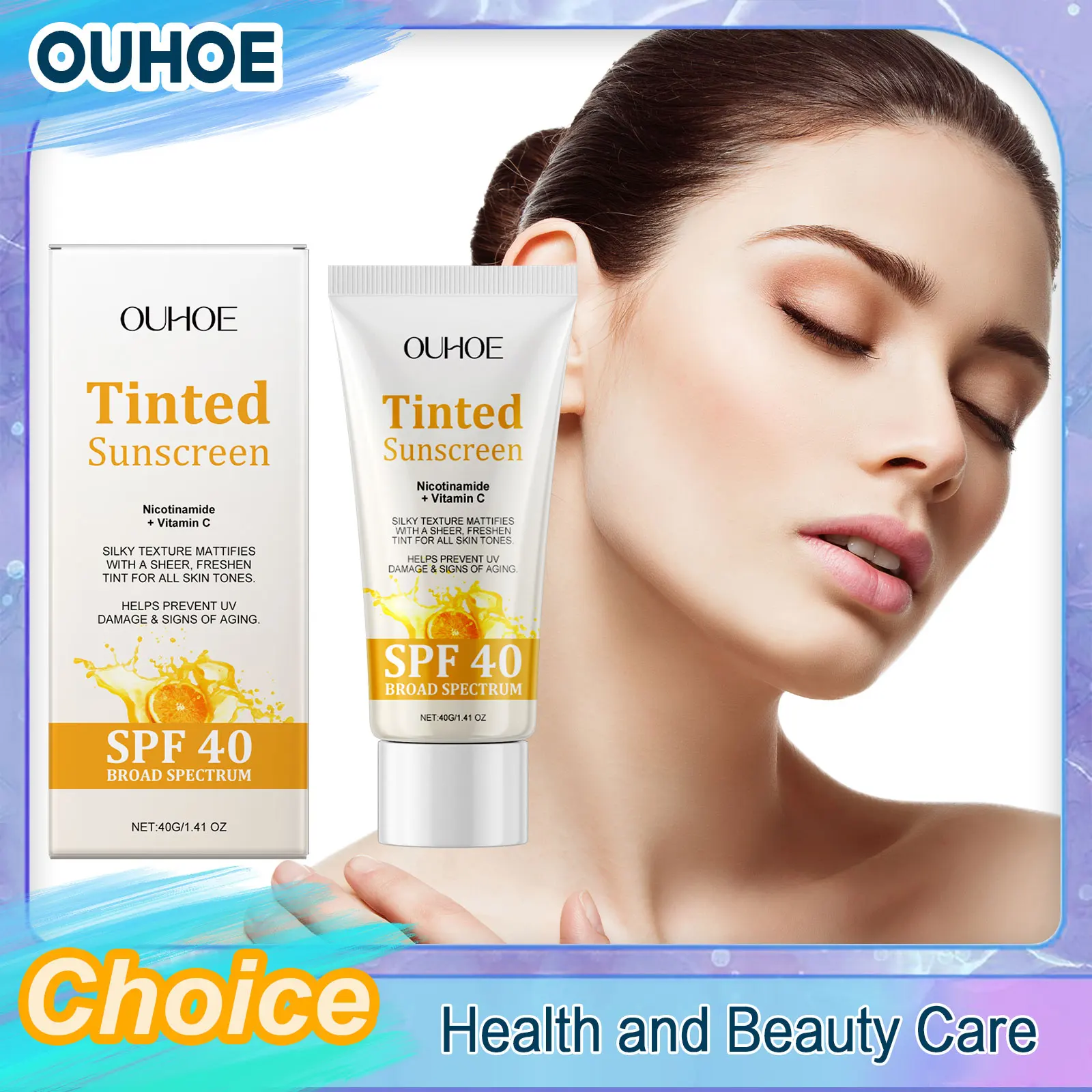 OUHOE Tinted Sunscreen SPF40 Whitening Sunblock Skin Protective Solar Oil-Control Hydrating Antioxidant Glowing Anti Sun Cream