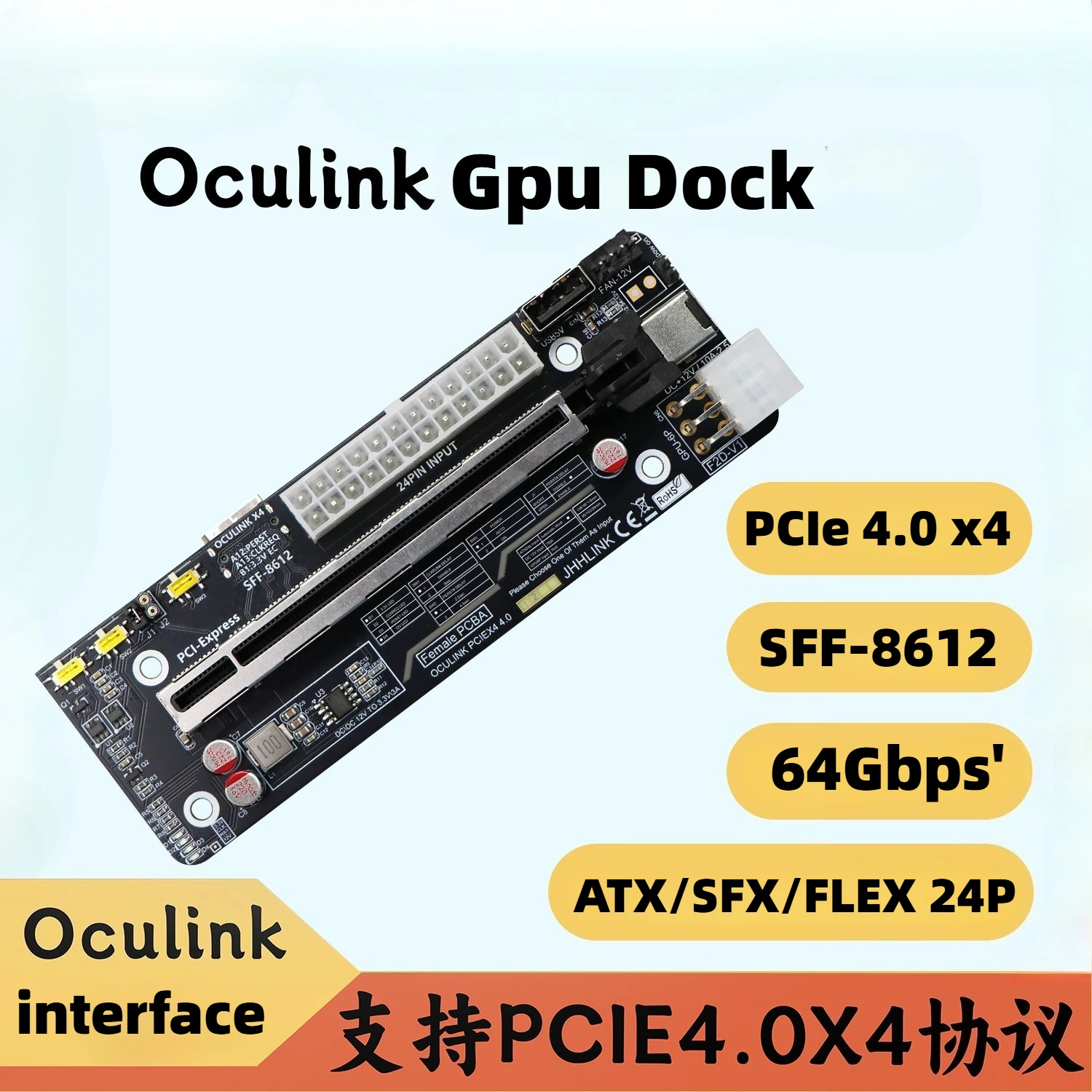 Oculink SFF-8612 To PCI-E X16 Development Board PCI-Express 4.0 X4 Adapter OCuLink GPU Dock ATX 24P Power External Graphics Card