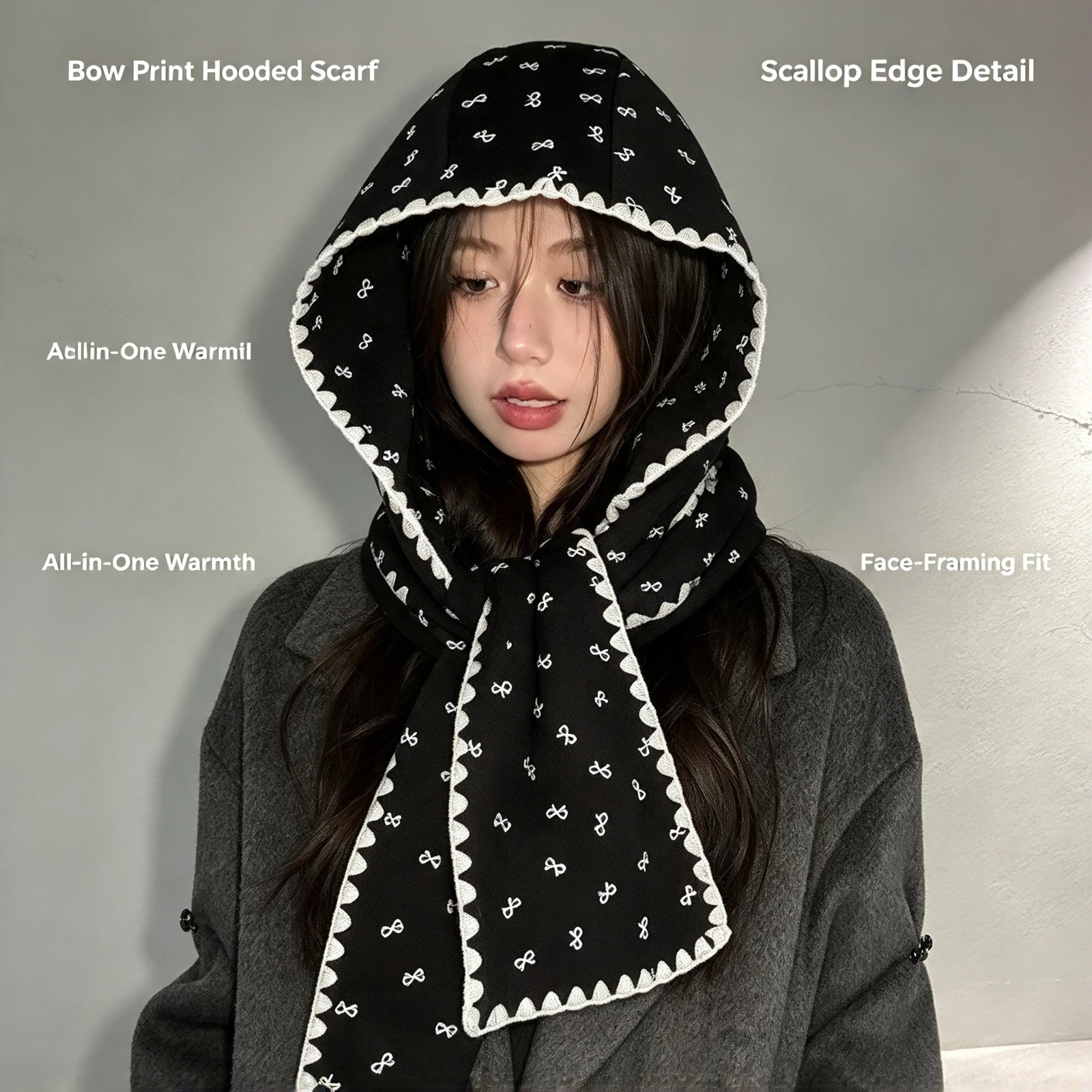 Black Bow Print Hooded Scarf, Women 2025 Winter Warm Neck, Warmer Korean Style All In, One Hat Shawl Head Covering, Fashion Gift