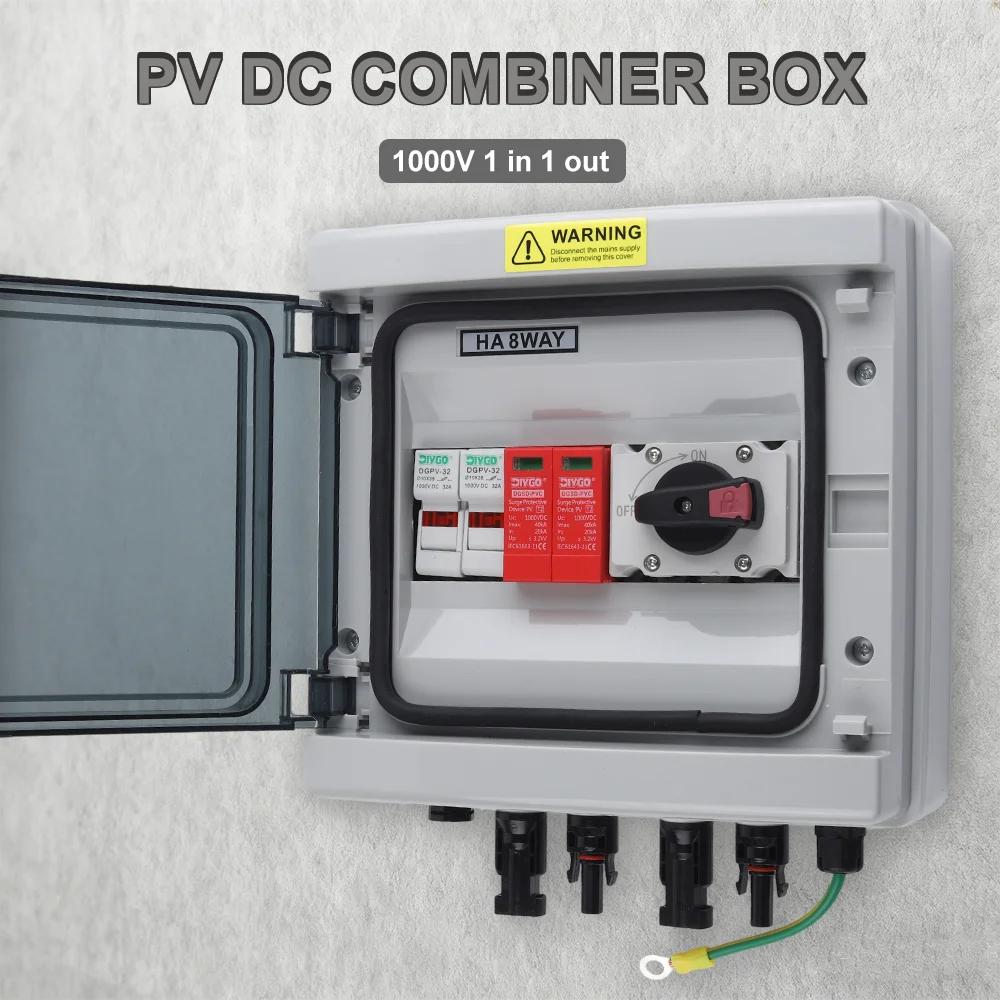 IP65 Waterproof&Dustproof PV Combiner Box DC 1000V 1 Input 1 Output 20A Fuse SPD Surge Protection for Outdoor Solar Installation