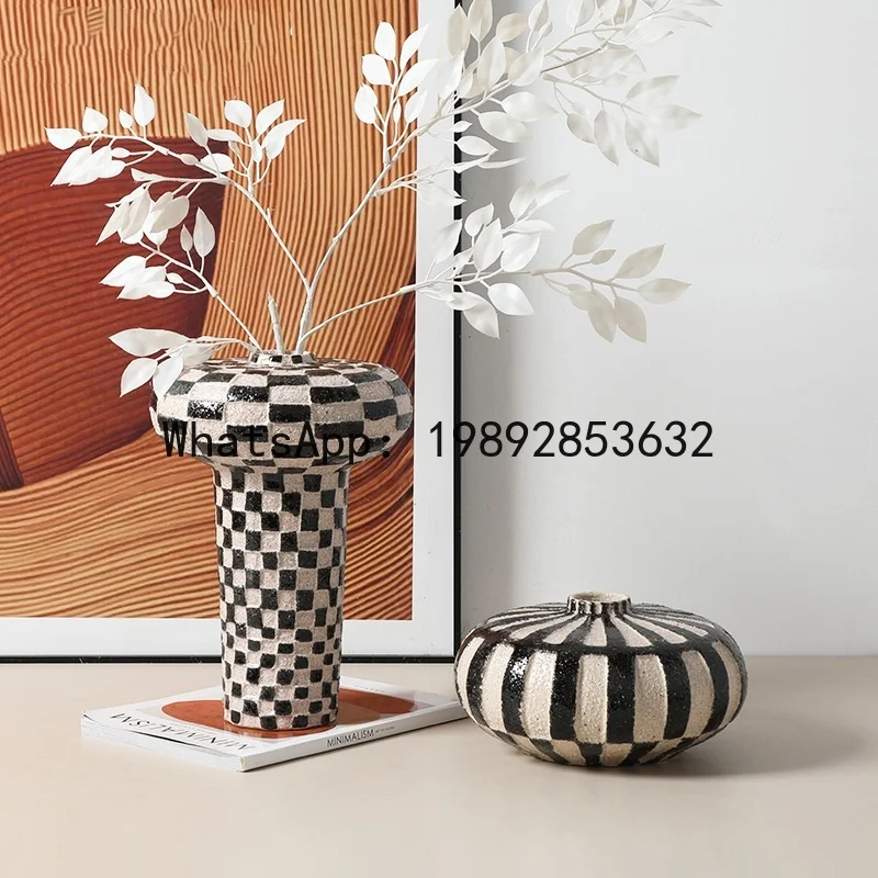 Ceramic Vase Geometric Check Rough Pottery Handicraft Flower Vase Floral Arrangement Accessories Home Decoration Terrarium
