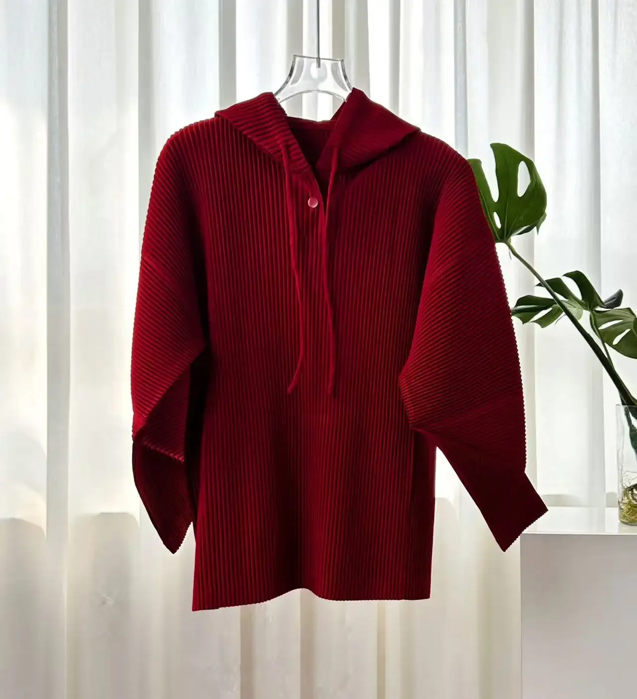 Miyake Women Pleated Hooded Top Drawstring Long Sleeve Loose Solid Color Vertical Pleat Blouse