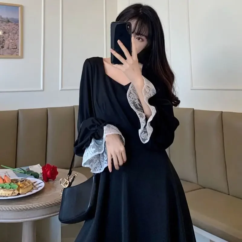 Long Sleeve Dress Women Elegant Ins Black All-match Fashion Spring M-4XL Square Collar Vintage Bandage Hepburn Patchwork Design