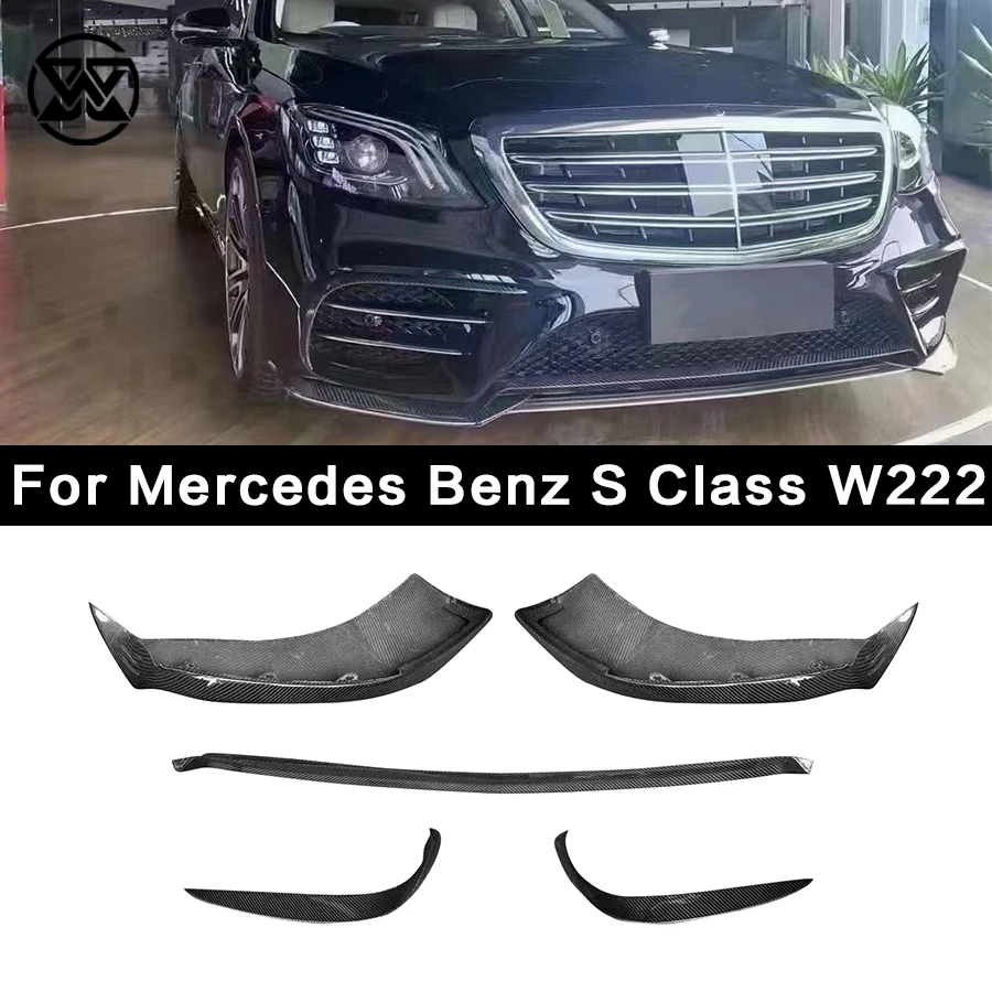 For Mercedes Benz S Class W222 S450 Carbon Fiber Front Bumper Lip Diffuser Foglamp Air Vent Splitter Side Canards Fins Wingle