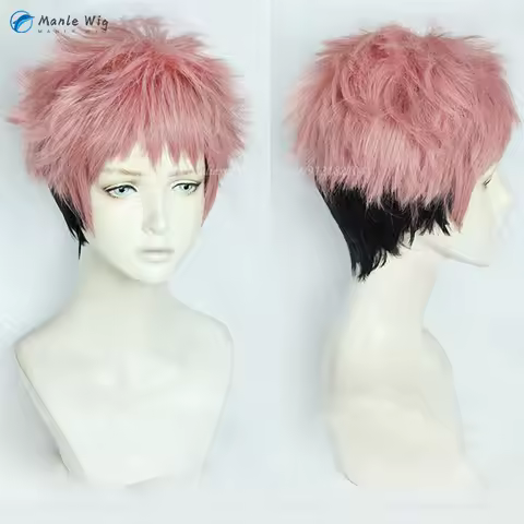Anime Yuji Itadori Cosplay Wig Pink Gradient Black Short Cosplay Yuji Itadori Wigs Heat Resistant Halloween Wigs + Free Wig Cap