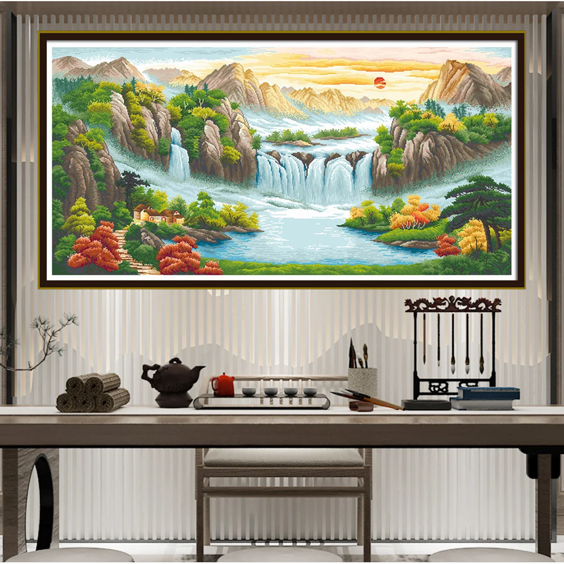 

Printed Cross Stitch Set Hand Embroidery Easy Crafts Valley Forest Running Water Landscape Pattern Living Room Hanging Picture