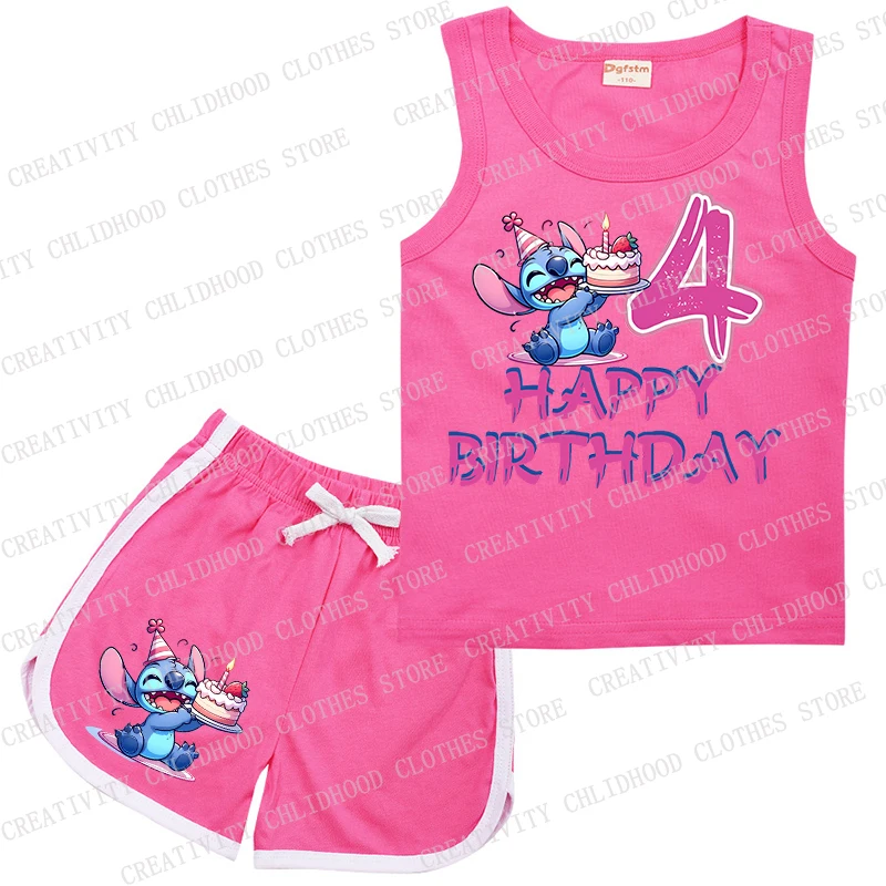 New Stitch Children Suit Birthday Number 1-14 Sports Kids Vest & Shorts Casual Clothes Sleeveless Girl Boy 2Pcs Sets Summer Wear