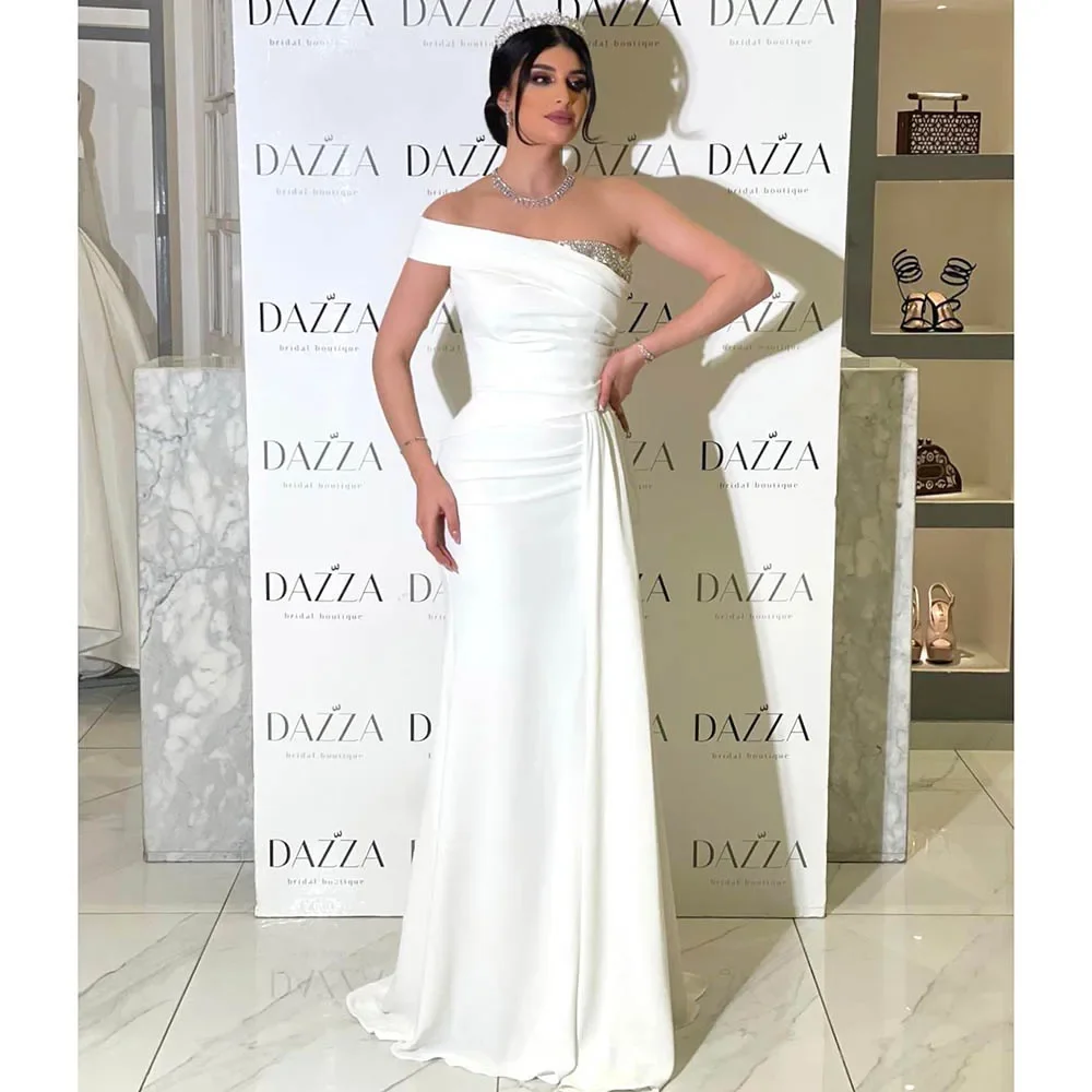 Elegant White Evening Dress Fashion Sleeveless Sequined Pleat Floor Length Straight Sweep Train Party Prom Dress for Women