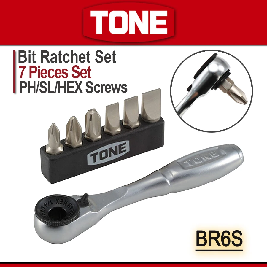 

TONE BR6S Bit Ratchet Set Bit Insert 7-in-1Screwdriver Bit Set for Set PH/SL/HEX Screws Hand Tools