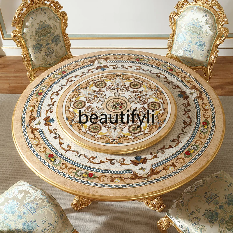 Mesa de comedor redonda pintada de corte francesa y combinación de silla, mesa de comedor de concha europea de lujo de estilo retro de 1,5 M