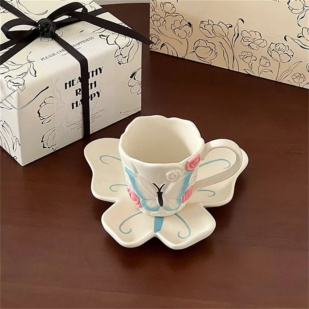 Butterfly Flower Shape Ceramic Cup and Dish Set Household Elegant Afternoon Tea Cups Plate Two-piece Sets Coffee Cup and Dish