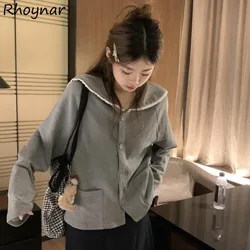 Gray Jackets Women Sailor Collar Autumn Lace Korean Fashion Girls Loose Outerwear Young All-match Street Wear Leisure College