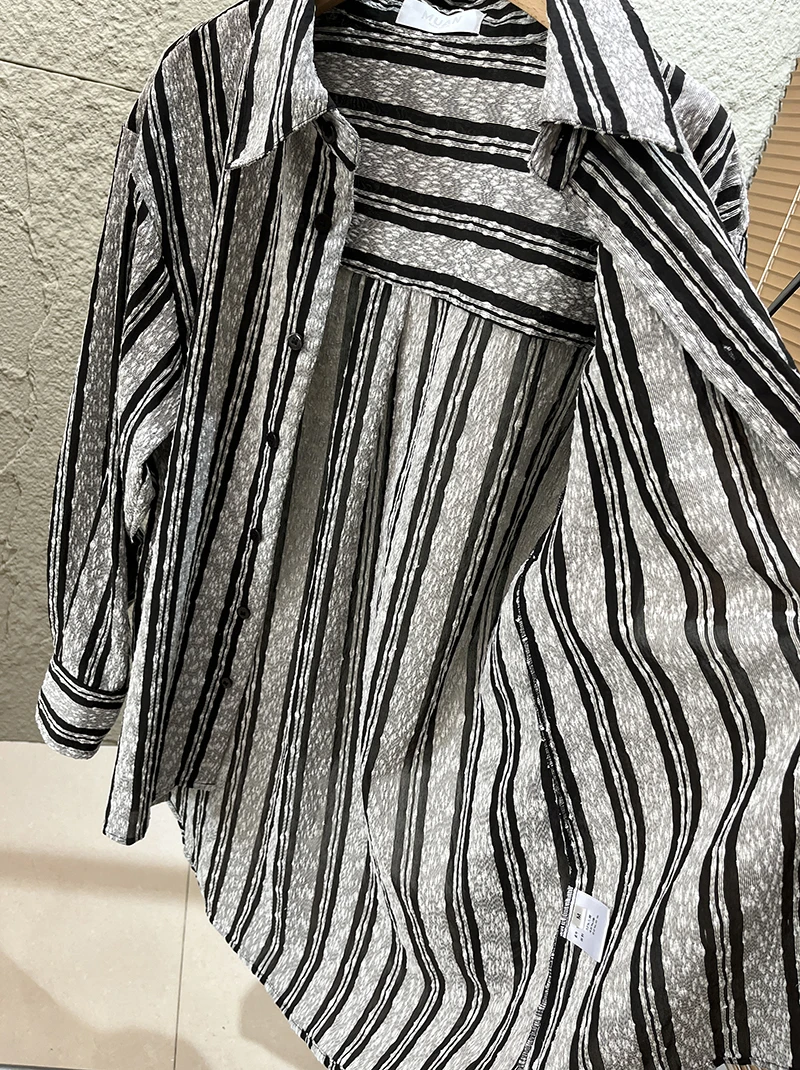 

Texture Casual Stripe Color Blo Collar Long Sve Women's irt Autumn New Artistic Aosphere Sensation Loose Fit