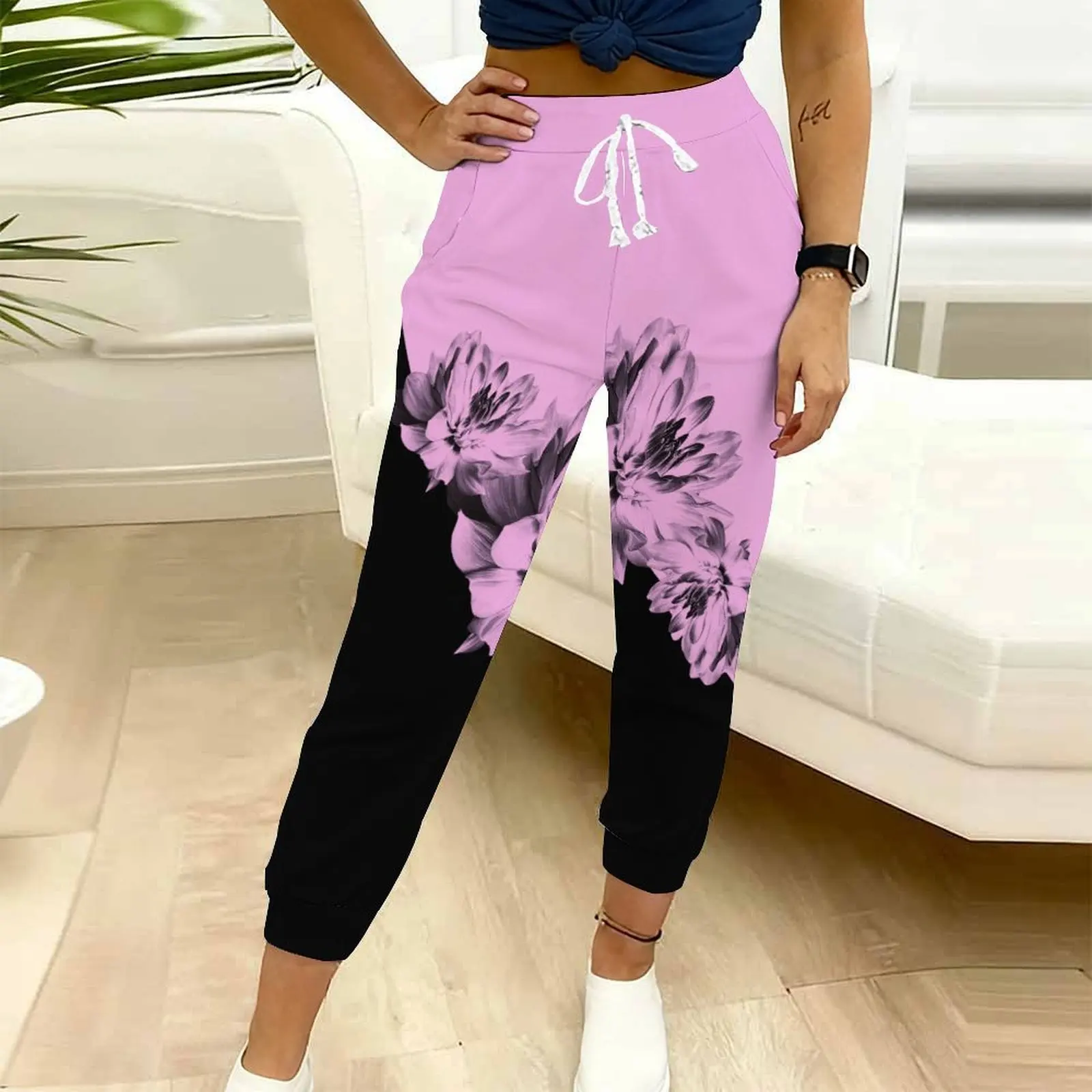 Autumn Winter Women's Printed Ninth Pants Drawstring Pocket Sjogging Pants Vacation Casual Pants