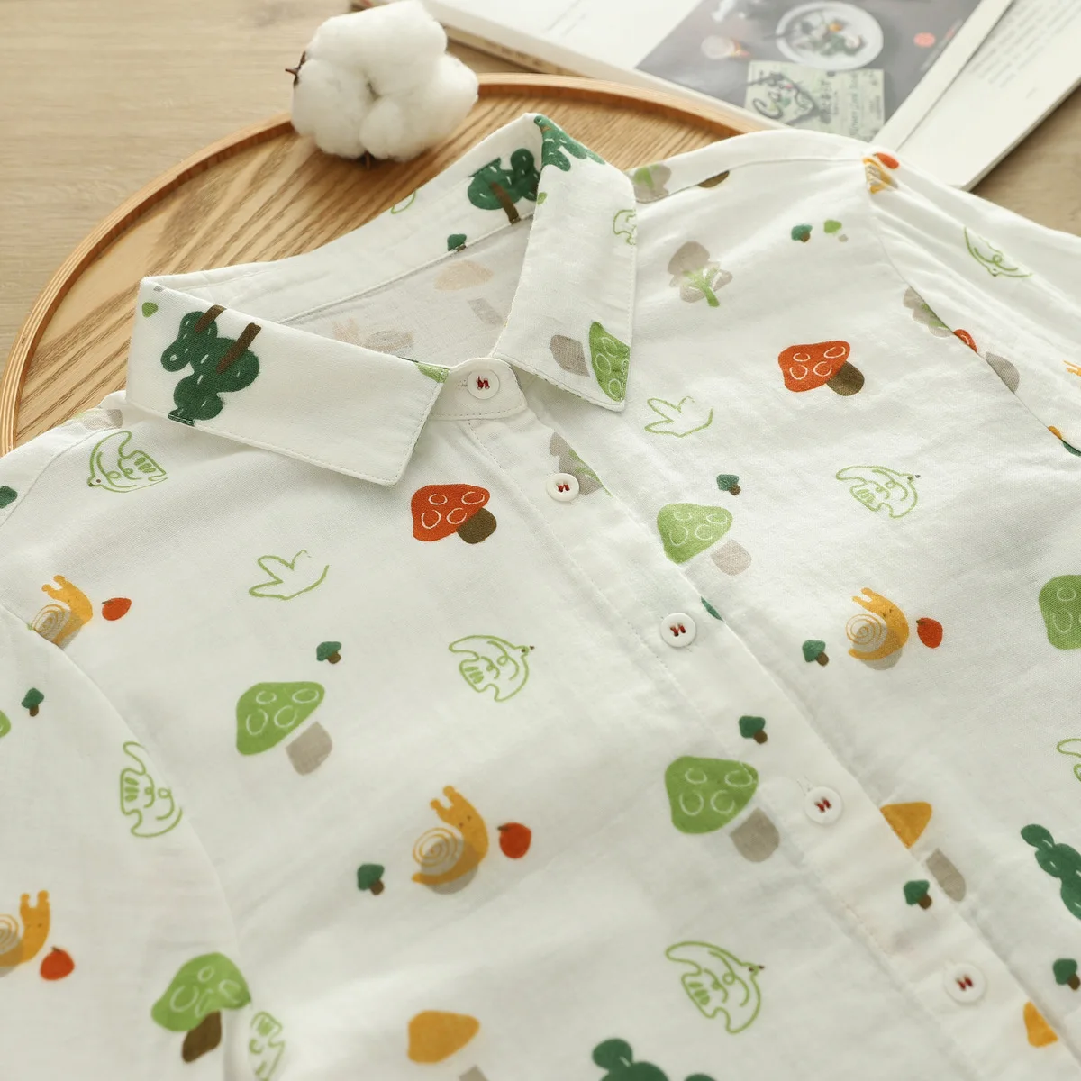 جديد 2025 قميص خريفي بأكمام طويلة من غزل القطن ، طباعة ياقة مقلوبة للسيدات ، بلوزة فضفاضة لطيفة لتخفيض العمر لفتاة موري T59625CC