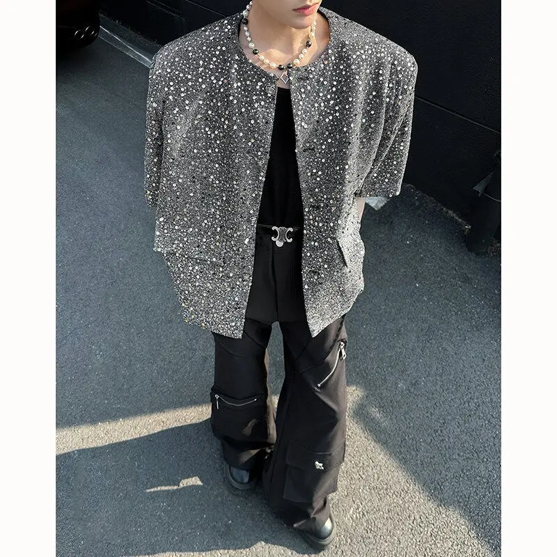 

Мужской кардиган без воротника с пайетками и наплечными накладками, короткий рукав, модный, сексуальный, премиум-класса, для танцев