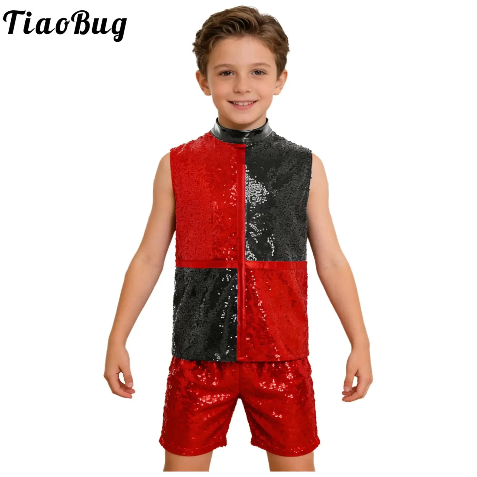 Boys Girls Kids Hip Hop Jazz Outfit Sequin Top Shorts Suit Modern Street Dance Stage Competition Daily Party Performance Costume