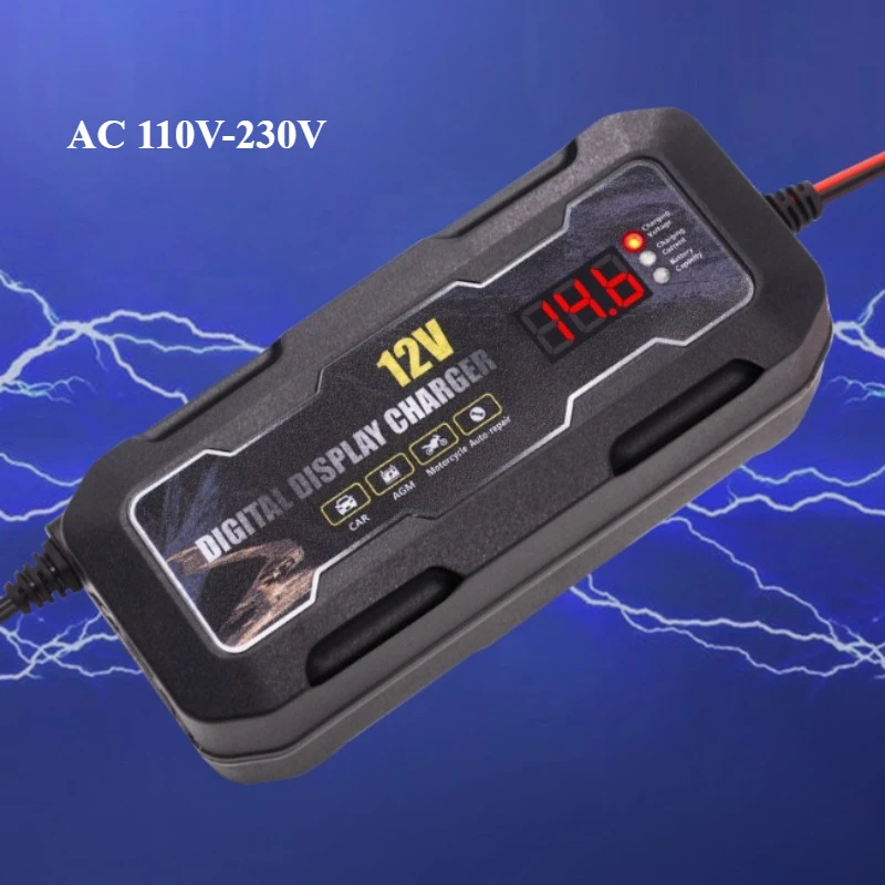 HD 12V 6AスマートLCDディスプレイ搭載鉛蓄電池充電器、バイク、電動自転車、スクーター、車用、AC110V-220V対応、EU、AU、US、UKプラグ付き