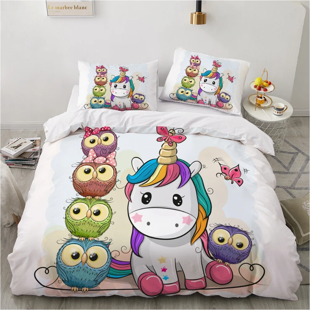 Children Kids Baby Pink Bedding Set Queen King Cartoon Unicorn White Duvet Cover Twin Full Colorful 3pcs Polyester Quilt Cover