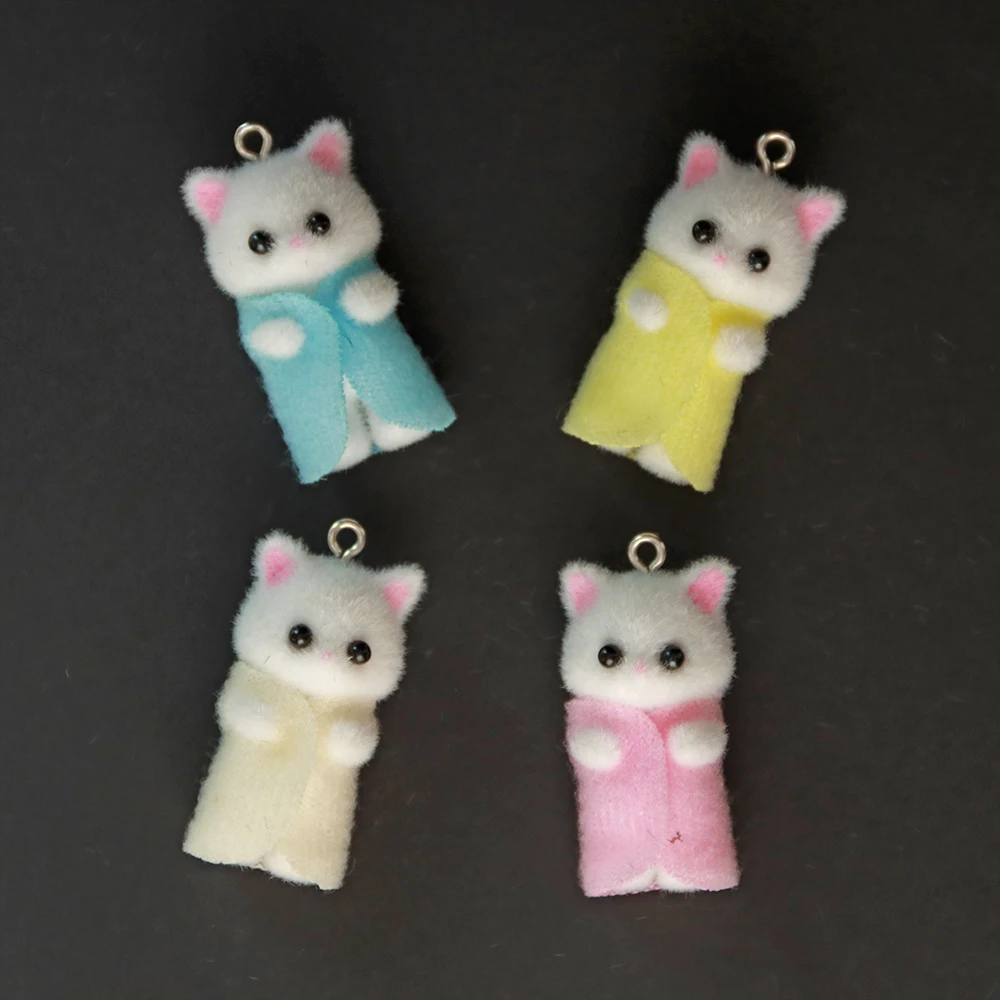 20Pcs 3D Cute Flocking Cat Wearing Clothes Resin Charms Cartoon Animal Doll Pendant For Keychain Earring DIY Crafts Jewelry Make