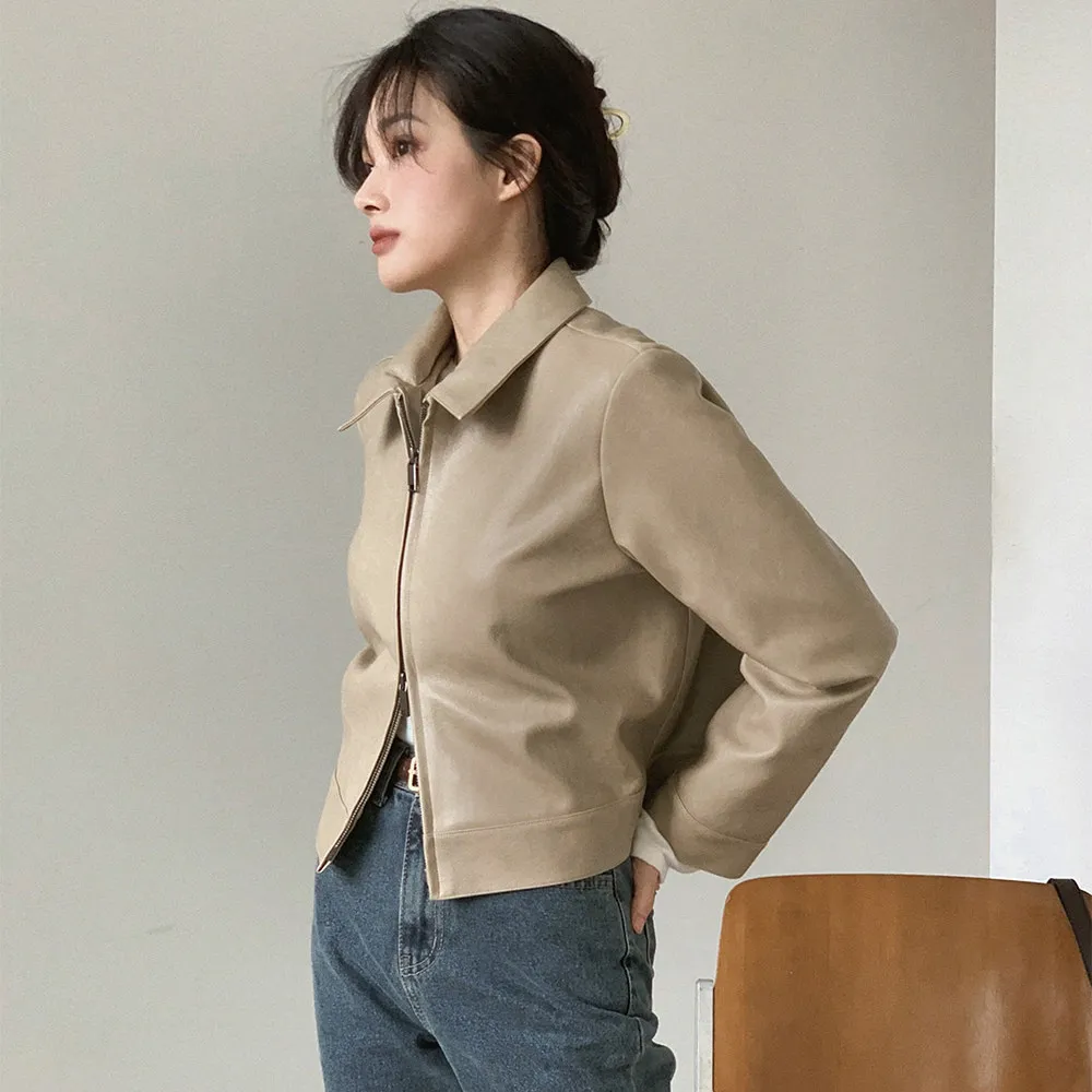 

Женская повседневная свободная куртка East Gate на молнии с двойным воротником из искусственной кожи, универсальная, удобная для ежедневной носки