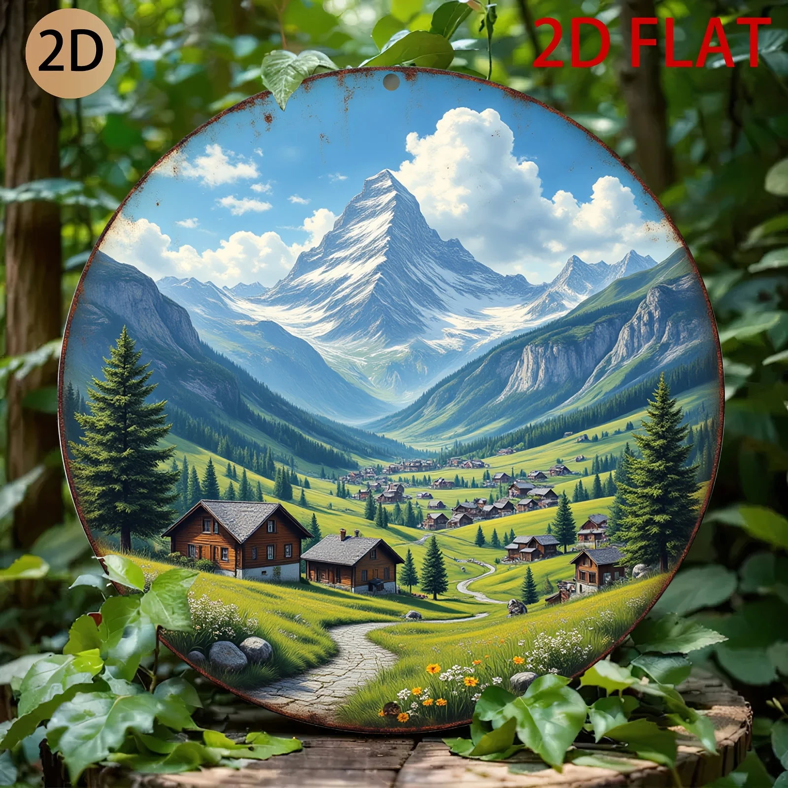 2D Flat - Circular Metal Wall Art Depicting a Rustic Mountain Village Scene, Perfect for Decorating a Home, Cabin, Or Lodge