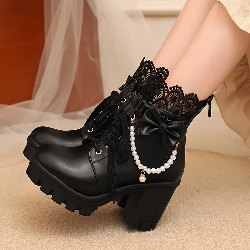 

1 Pair New Women's Boots Short Boots Ladies Fashion Shoes Boots High Heels Thick Sole Cute Lace British Style Shoes
