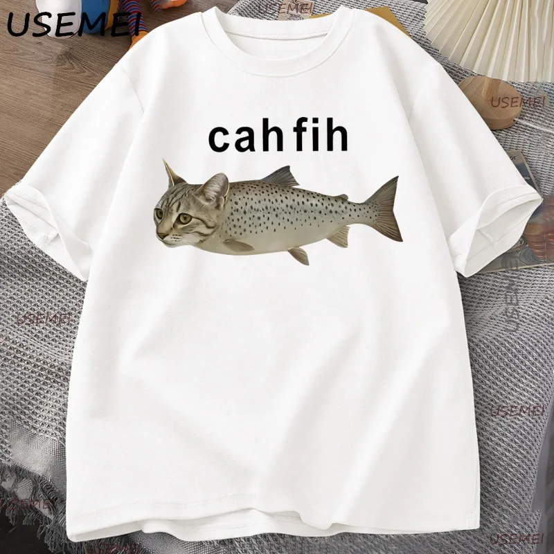 Cah Fih تي شيرت Fih مضحك Mispelled الأسماك ميمي تي شيرت القط والأسماك الجرافيك الفكاهة التي شيرت عادية القطن ملابس قصيرة الأكمام #3
