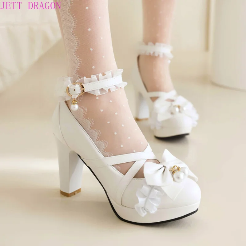 New Sweet Bow High Heels Women's Chunky Heels Ruffled Mary Jane Ladie Pumps Party Wedding White Pink Black Girls Lolita Shoes