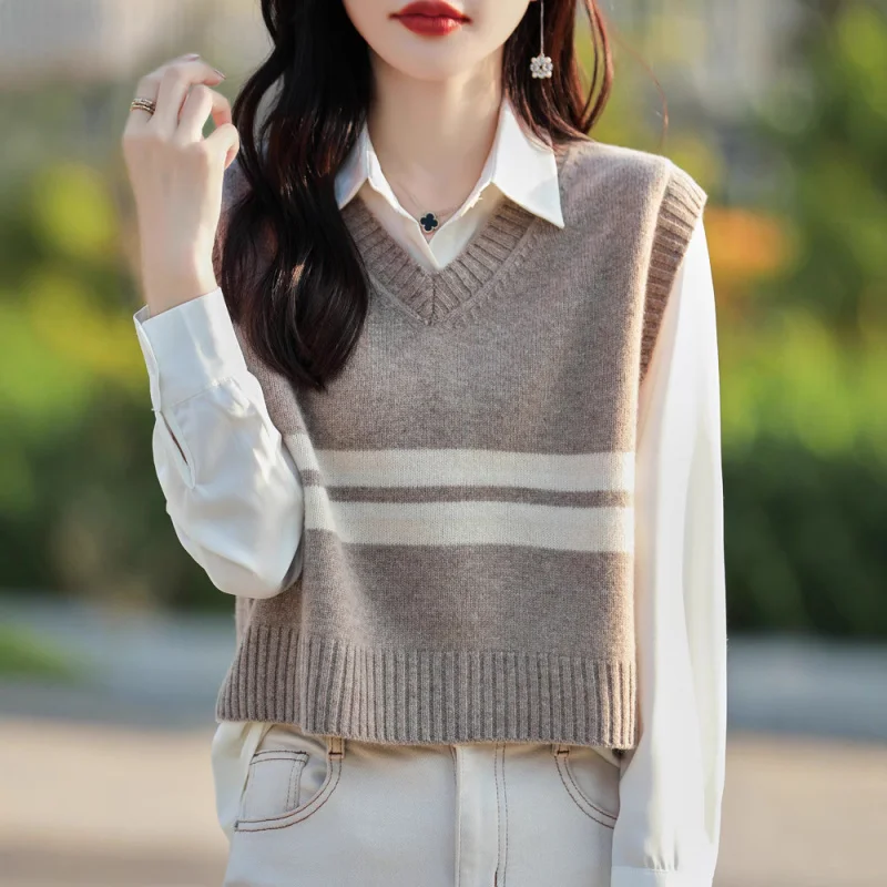 

Autumn New American College Style Striped% Wool Knitted Vest Sweater Women Layering Outerwear