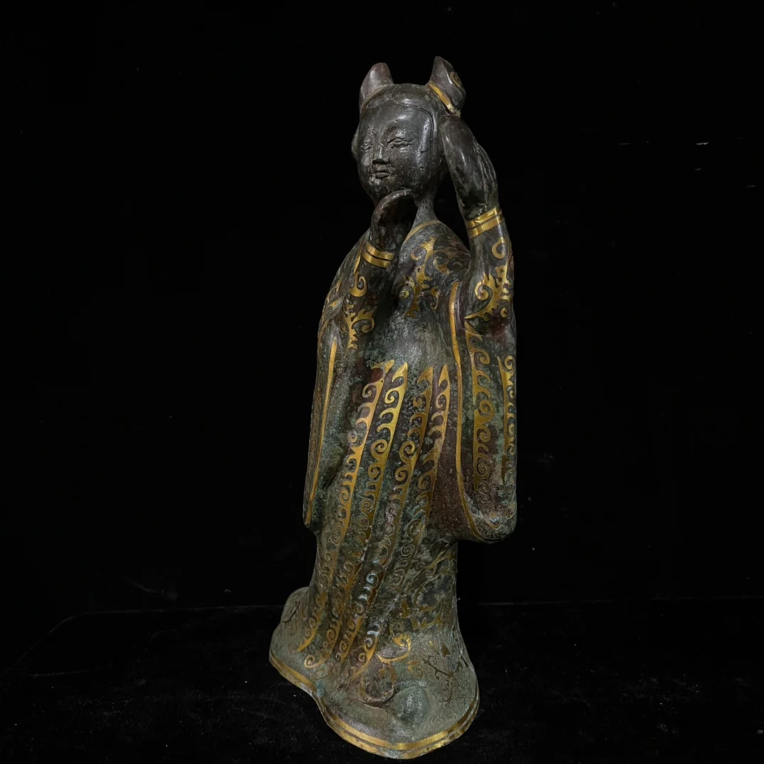 Old hand-caved bronze inlaid with gold female musicians,#03