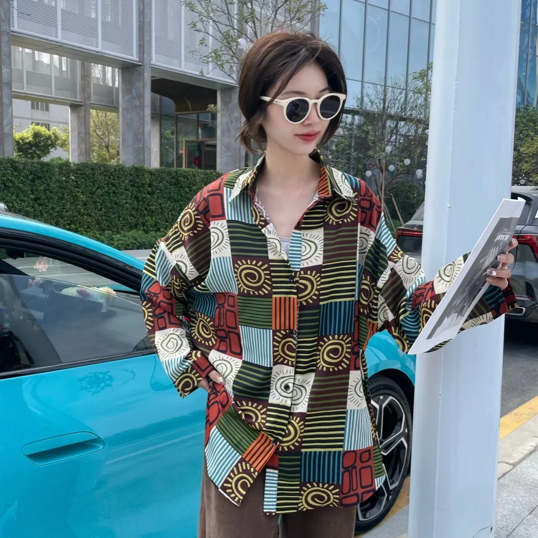 Клетчатая рубашка 202, женская весенне-осенняя рубашка с длинными рукавами в стиле ретро, корейская версия, свободный повседневный универсальный топ A468