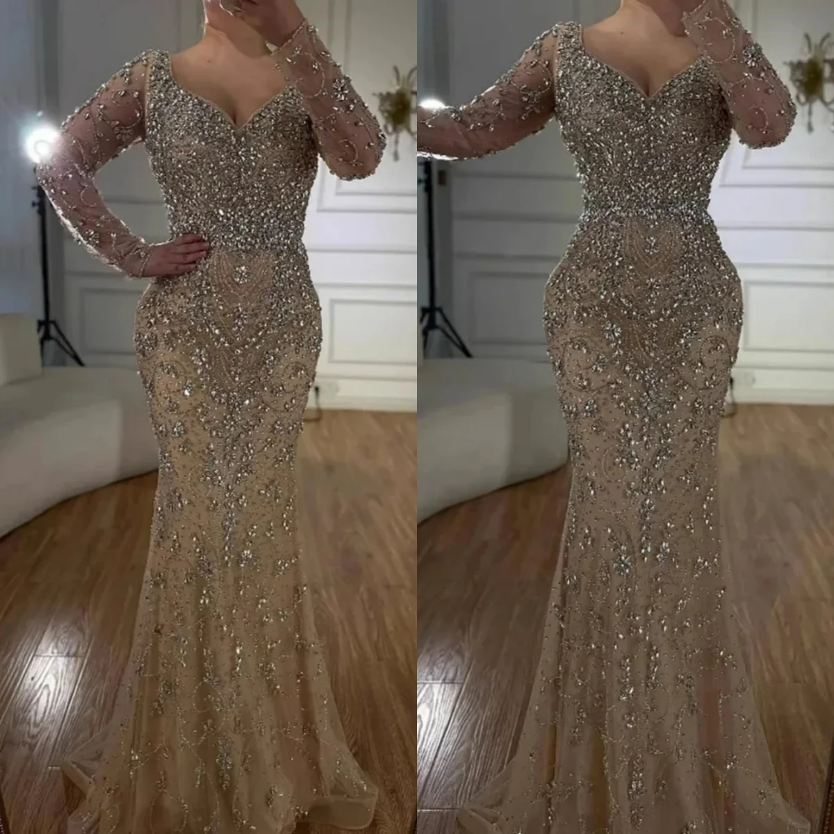 

Unique Mermaid Evening Dress Sweetheart Neck Long Sleeve Crystal Beaded Prom Gowns Luxury Floor Length Formal Dresses Customized