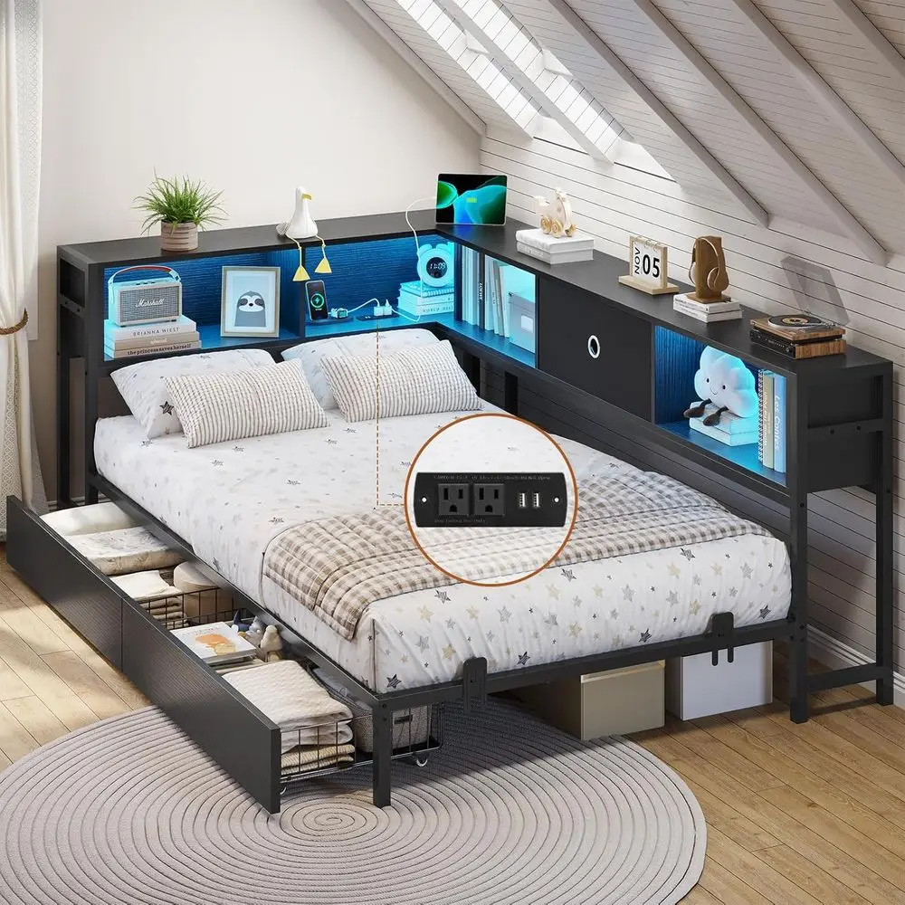 

DICTAC Twin Corner Bed Frame with Bookcase Storage and Led Lights Twin Size Metal Platform Bed Frames with Storage Drawers and C