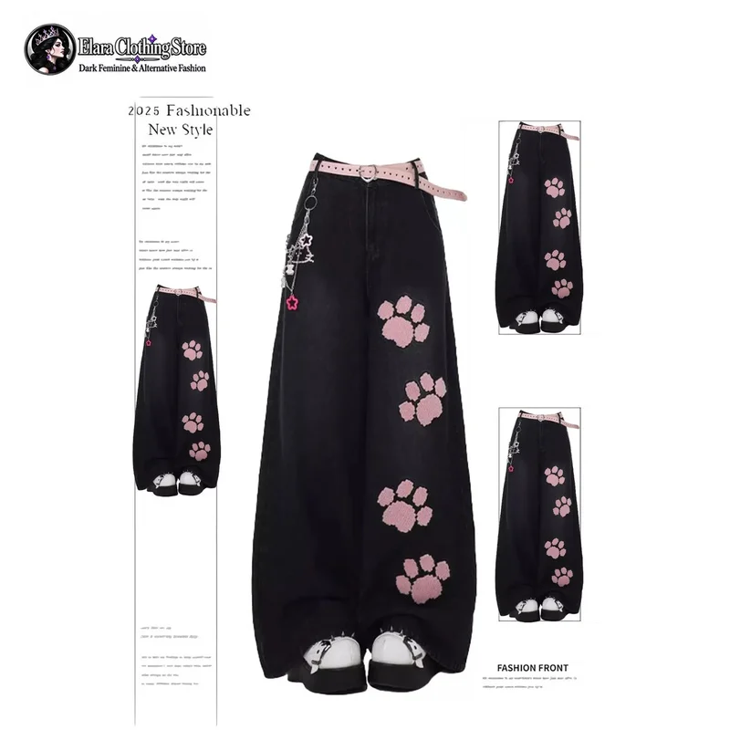 Women Y2K Contrast Pink Paw Pattern Black Baggy Denim Jeans Cute Casual Full Length Relaxed Fit Oversized Wide Leg Denim Pants