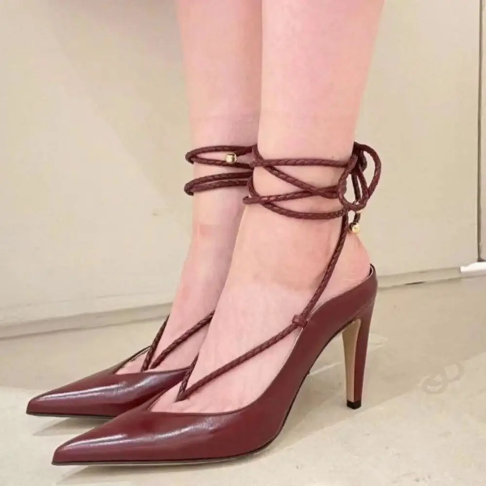 Solid Matte Sexy Straps Thin Heel Sandals 2024 Summer New Fashion All-Match Shoes Pointed Toe Shallow Women Shoes