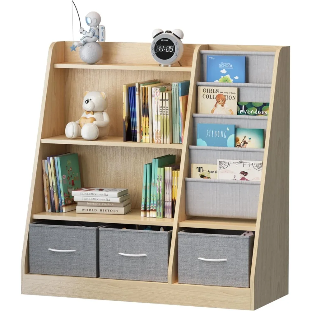 Toddler Bookshelf with Storage Bins, Wooden Nursery Display Shelf, Child Bookcase Organizer for Toys