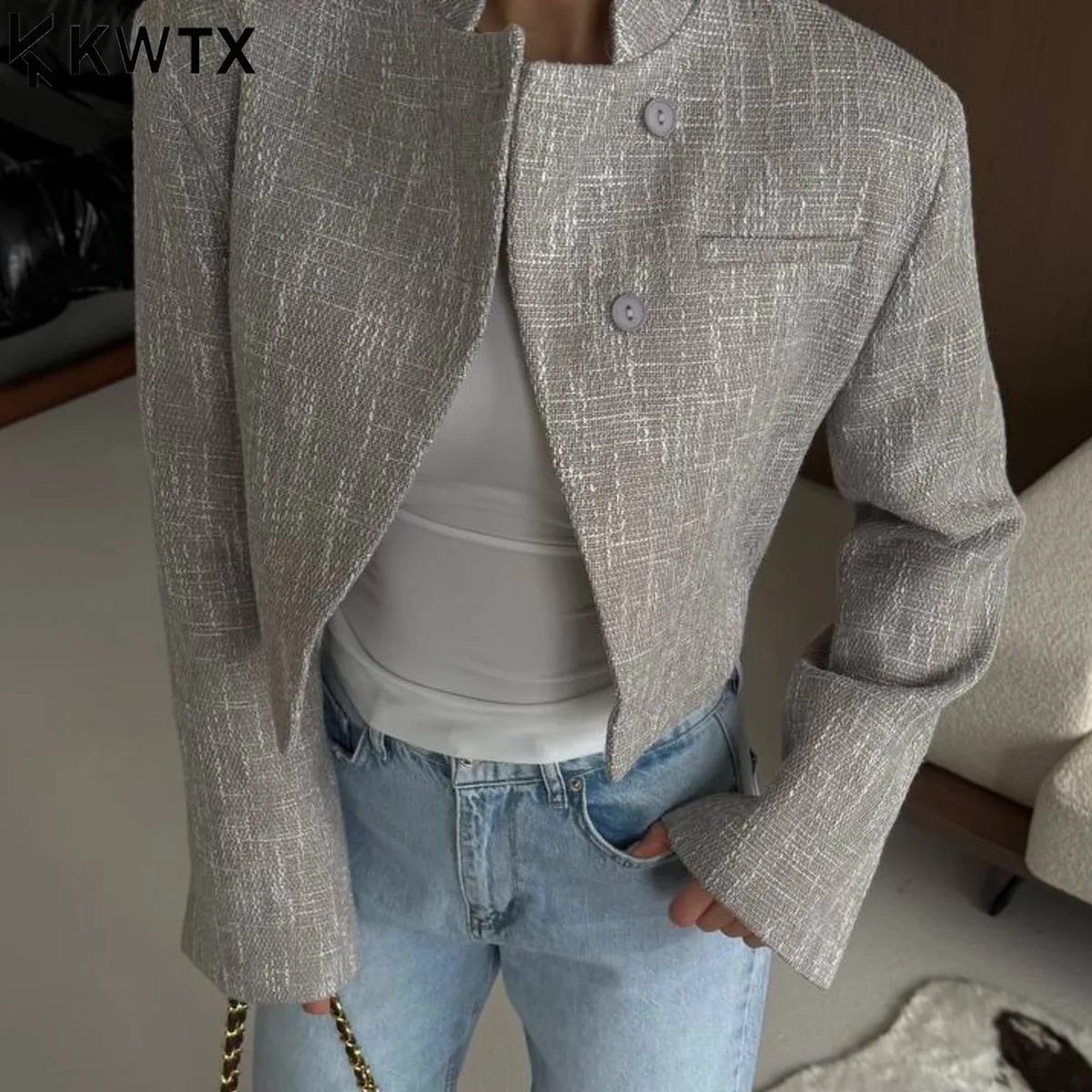 

KWTX 2026 Trendy Women's Grey Tweed Cropped Blazer, Mandarin Collar Button-Down Short Jacket, Elegant Minimalist Style Office