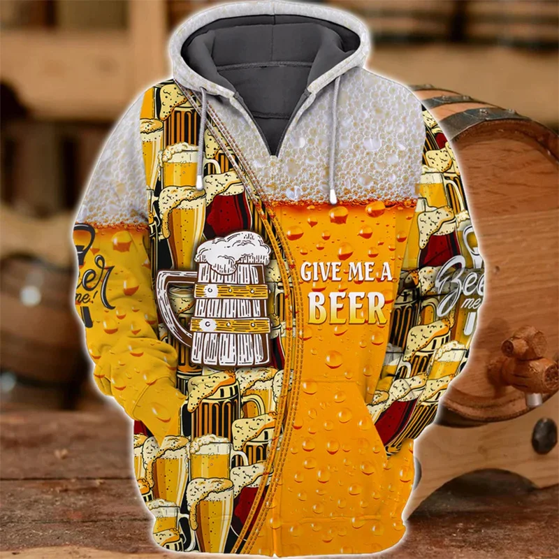 

3D Мужская толстовка с длинным рукавом с рисунком пива 2024, повседневная уличная повседневная свободная толстовка на молнии большого размера, пальто высокого качества, топы