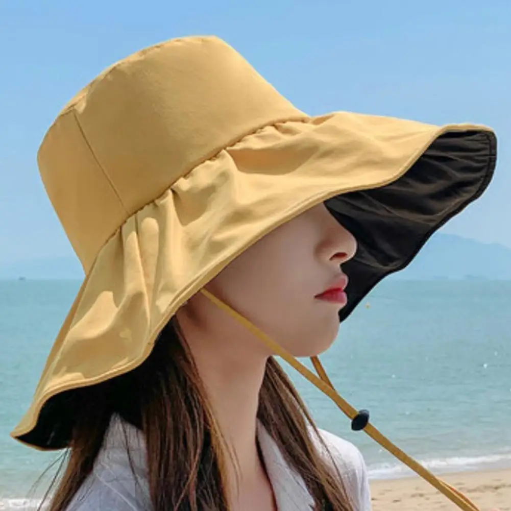 Wide Brim Sun Hat Women Anti-UV Protection Hiking Fisherman Cap Fold Summer Solid Cotton Breathable Beach Bucekt Hat