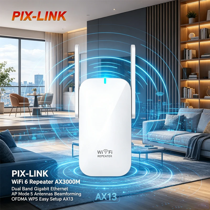 PIX-LINK WiFi 6 Repeater AX3000M Dual Band Gigabit Ethernet AP Mode 5 Antennas Beamforming OFDMA WPS Easy Setup AX13